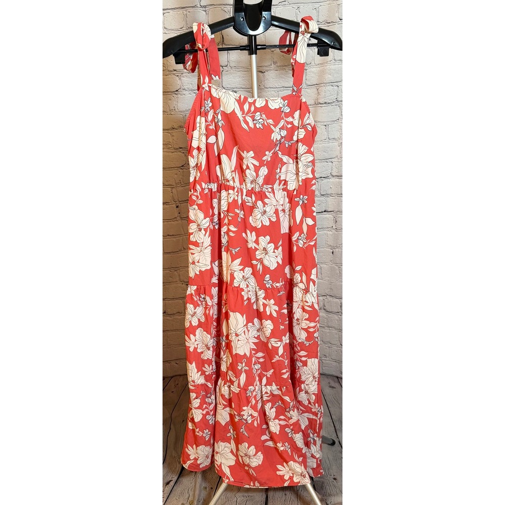 Social Standard by Sanctuary Coral Orange Floral Tiered Midi Dress Large